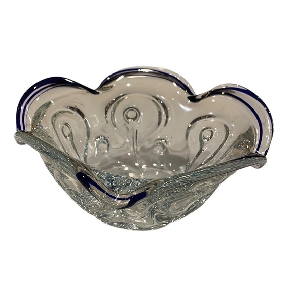 1990s Lillian Vernon Crystal Candy Bowl With Cobalt And Ruffle Edge Vintage - Picture 7 of 15